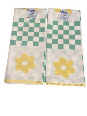 LOT of 2 Kitchen Tea Towels Retro VTG Style Green Checkerboard Yellow Flower Set